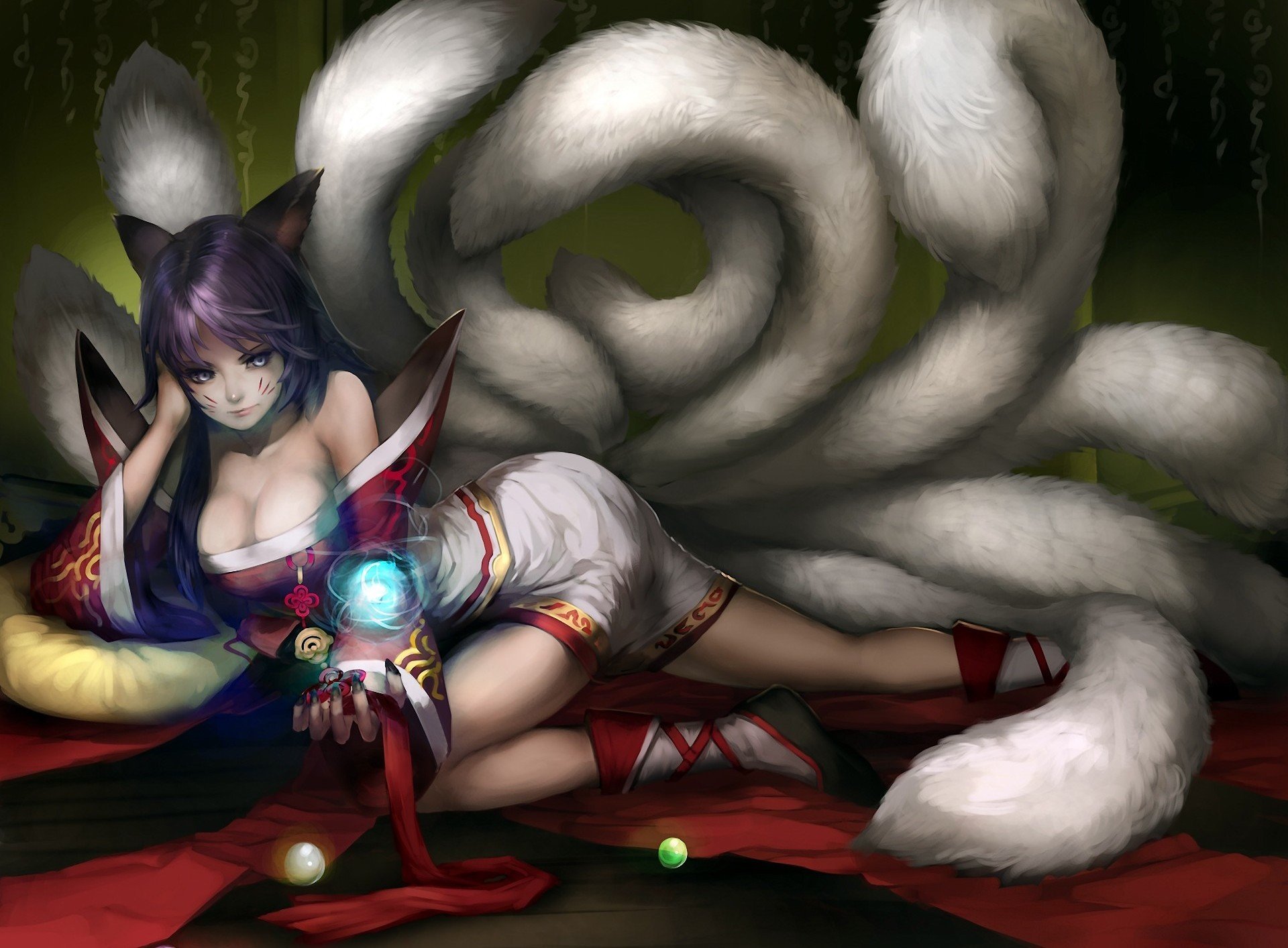 kunst youshun league of legends ahri mädchen ohren schwänze bälle magie bänder