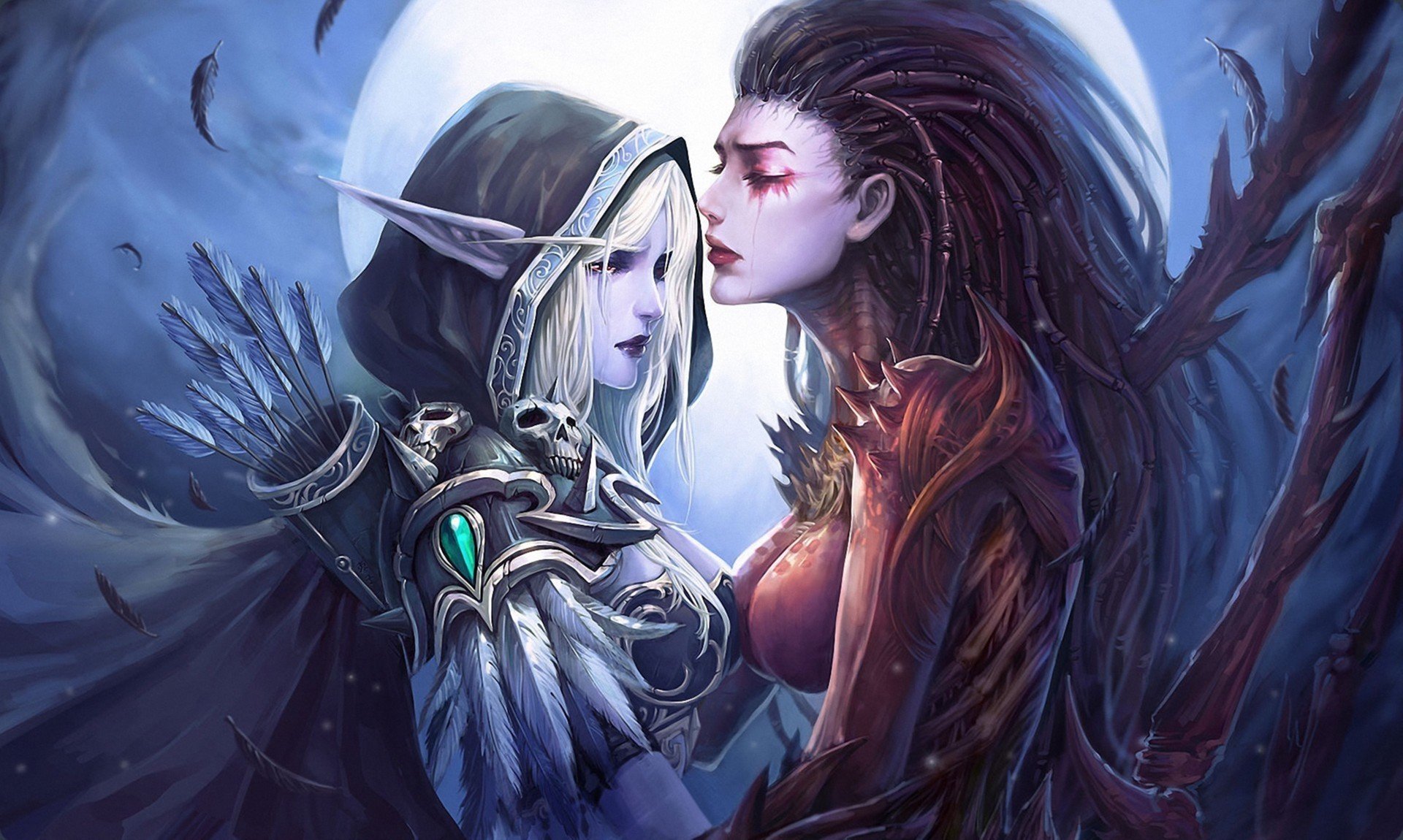 kunst nanaly world of warcraft starcraft sarah kerrigan silvana windflügel mädchen tränen pfeile kapuze flügel elfe mond federn