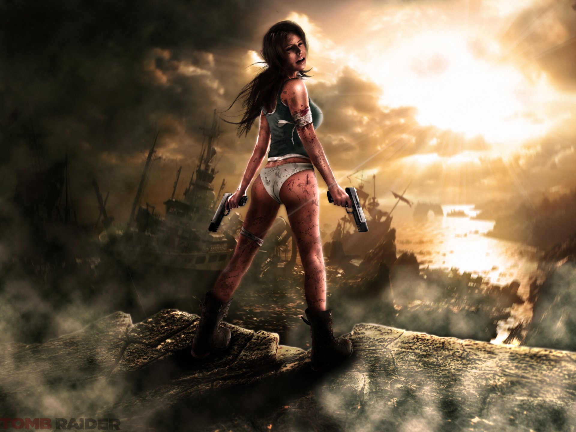 tomb raider lara croft mädchen pistolen armbinden blut steine schiffe wolken strahlen