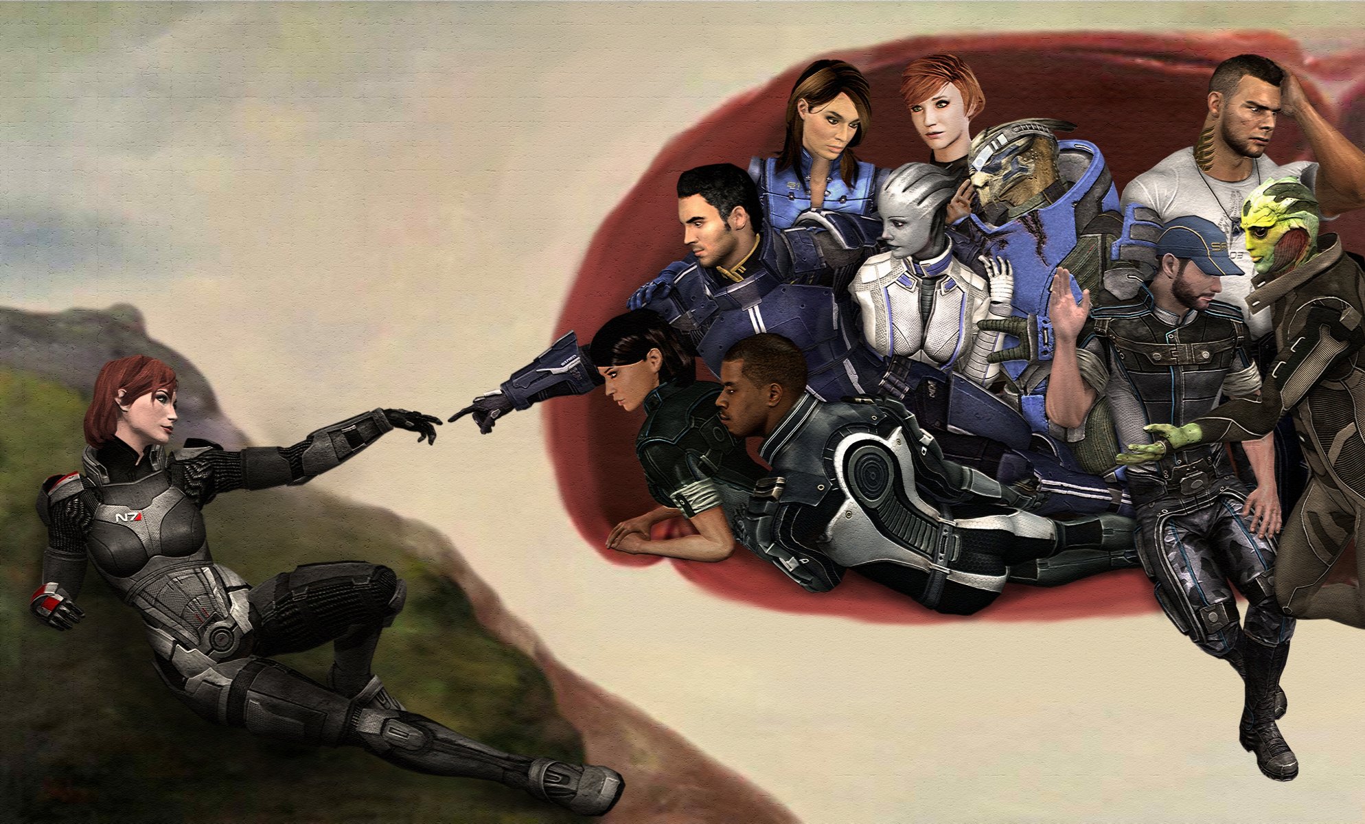 arte mass effect fan art shepard equipo mural manos creación de adam garrus tan james jacob kelly ashley kayden jane shepard bromista liara