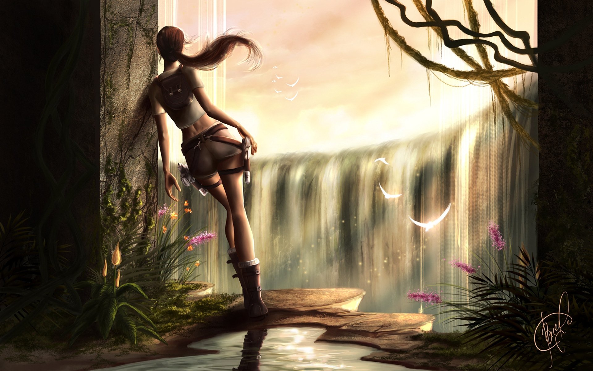 tomb raider lara croft girl waterfall wall opening light plants bird