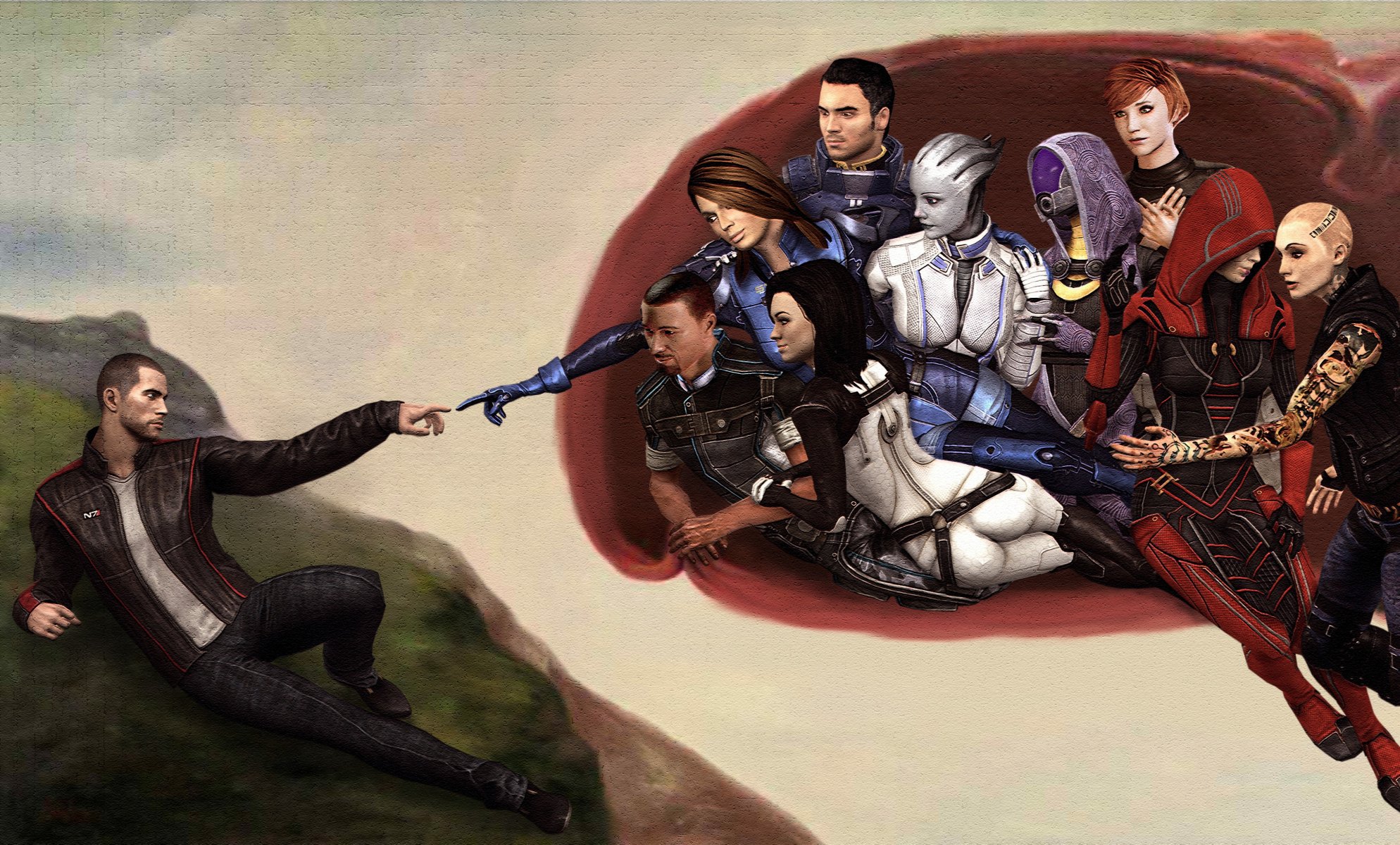 art mass effect fan art shepard zespół mural ręce stworzenie adama gniazdo miranda kelly estebana ashley kayden liara n7 postacie