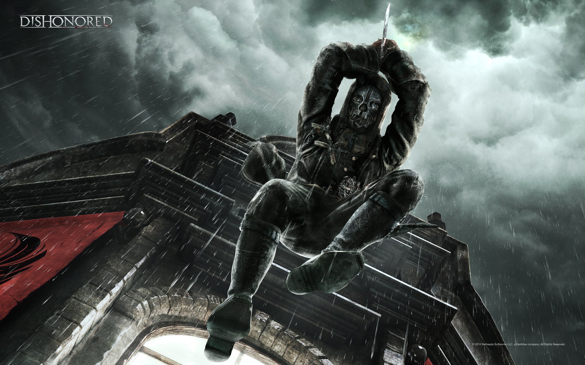 dishonored corvo assassin s killer bodyguard dagger hood window house clouds jump