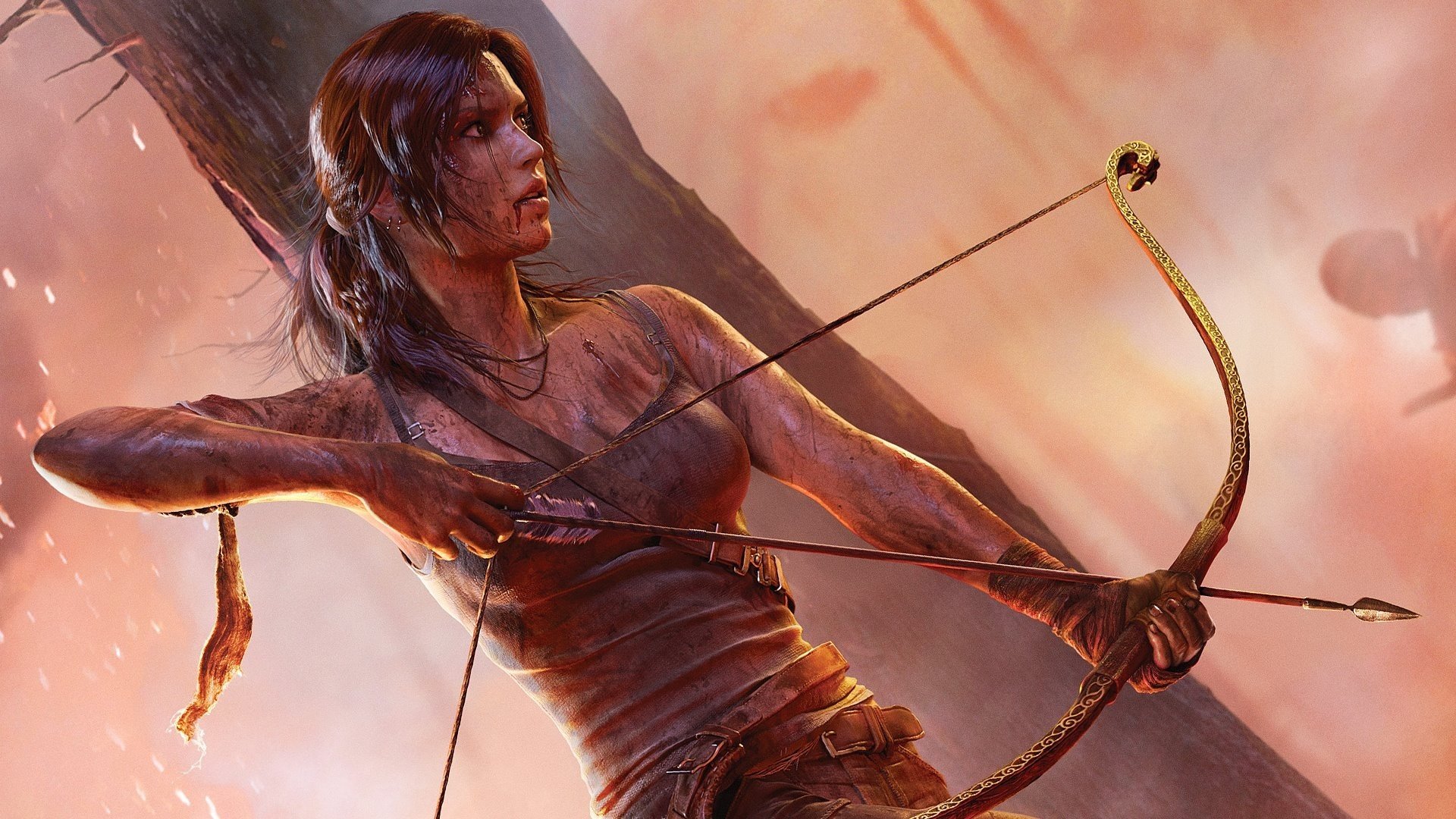 lara croft tomb raider łuk broń krew brud odzież