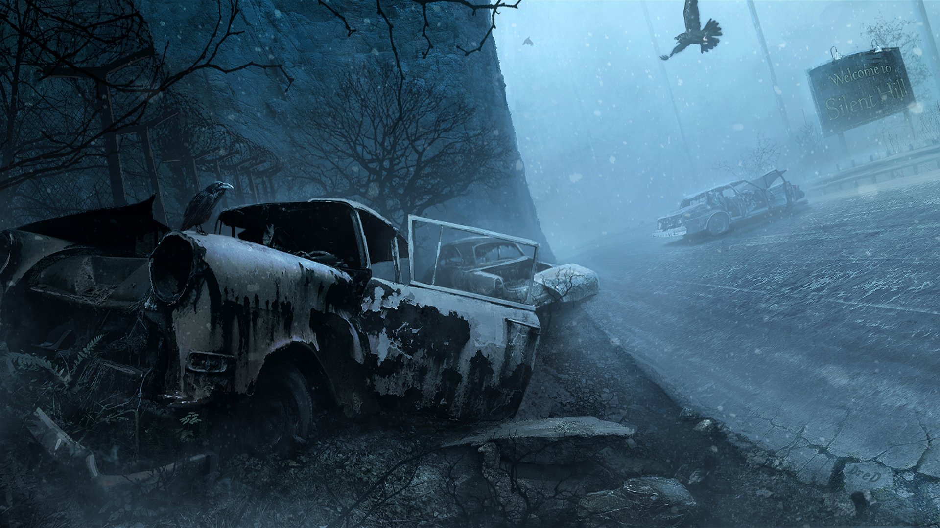 ilent hill welcome to silent hill night machinery snow winter bird