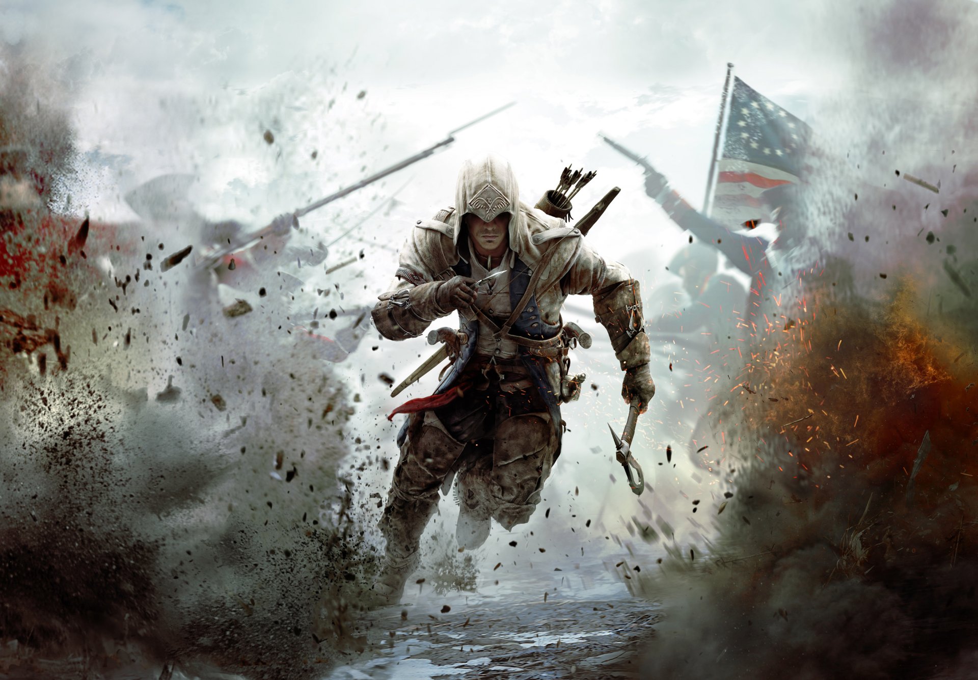 assassin creed iii assassin creed 3 connor kenway radunhageydu assassin indien de sang-mêlé guerre drapeau amérique soldats