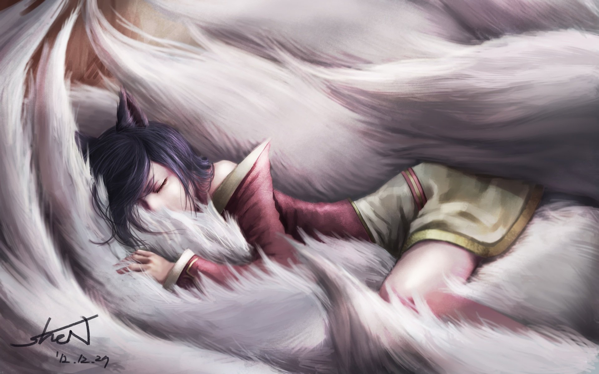 arte liga de leyendas ahri chica sueño durmiendo colas