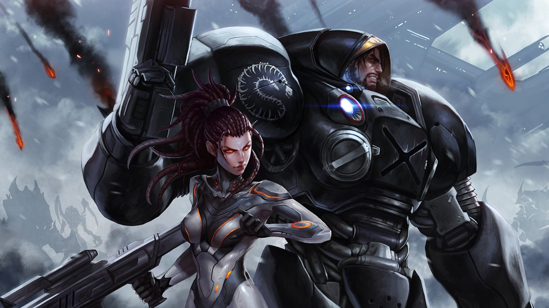 tarcraft sarah kerrigan jim raynor landing weapon armour smoke fire silhouette