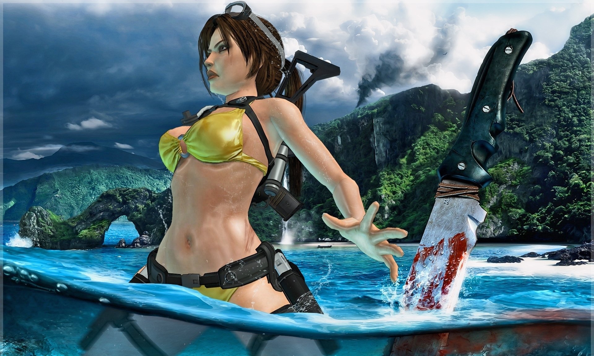 tomb raider lara croft far cry 3 wasser messer blut pose badeanzug waffe insel
