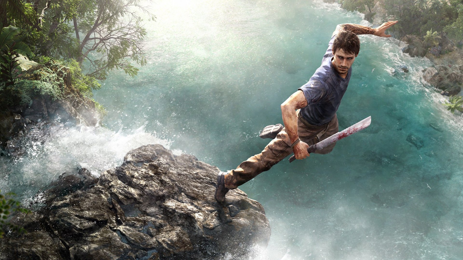 far cry 3 ubisoft jason brody jungle protagonist machete tattoos tata blood stone warrior rakyat jump water waterfall