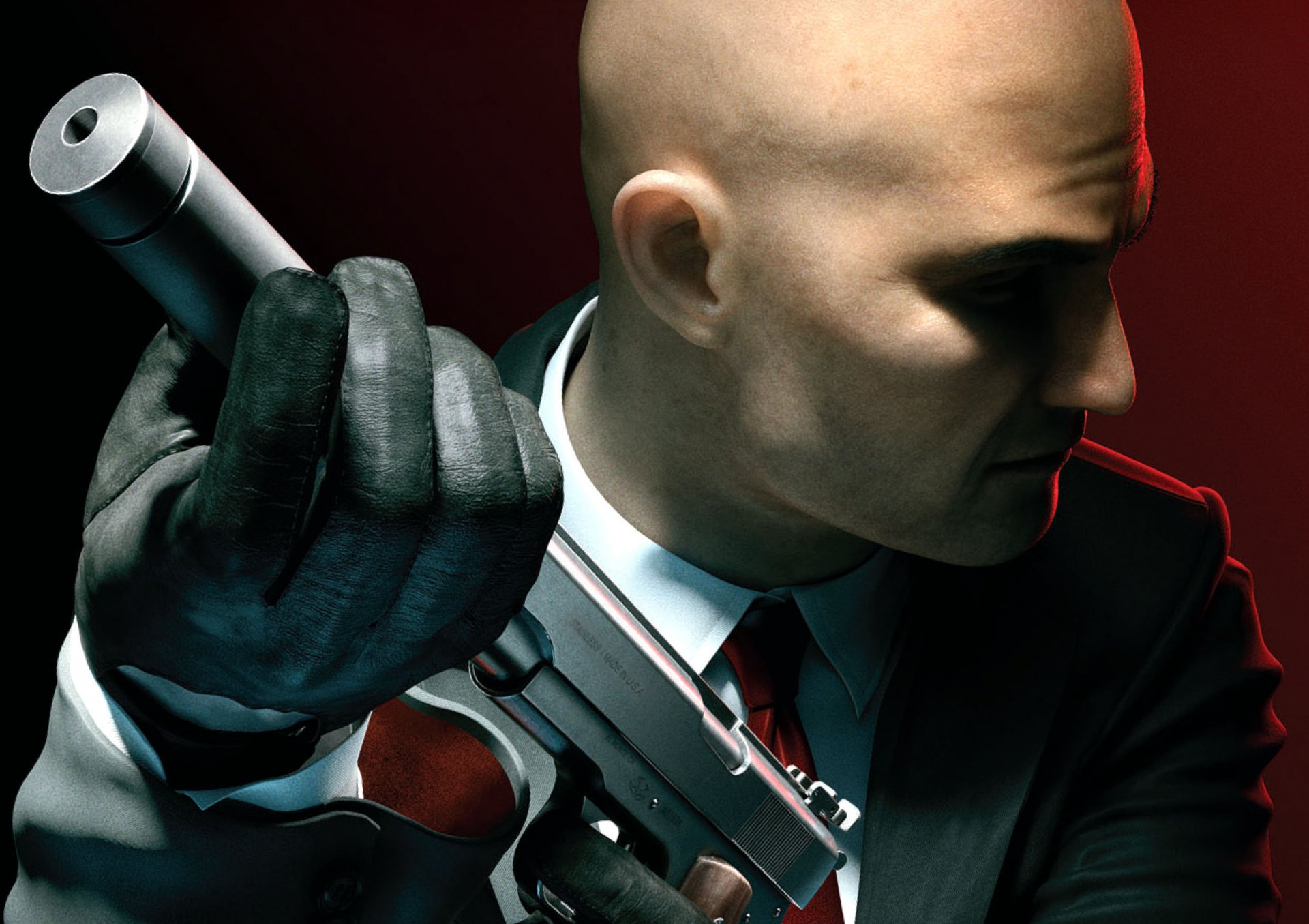 hitman: absolution hitman agent 47 czterdziesty siódmy łysy rękawiczki kurtka krawat broń silverballer tłumik