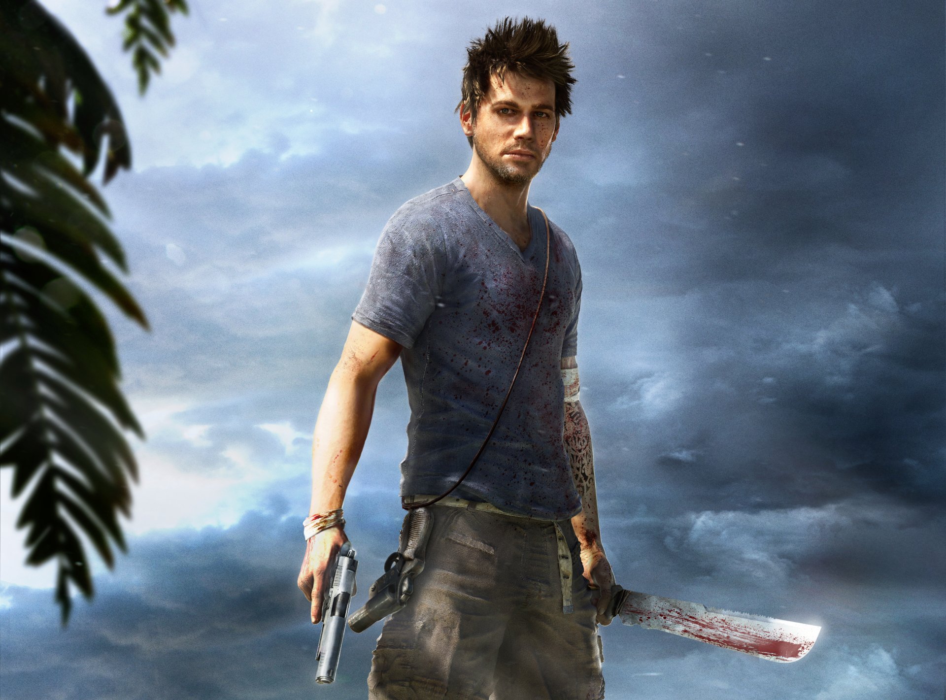 far cry 3 ubisoft jason brody jungle protagonist weapon sky clouds machete gun pistol tattoos blood neogaf