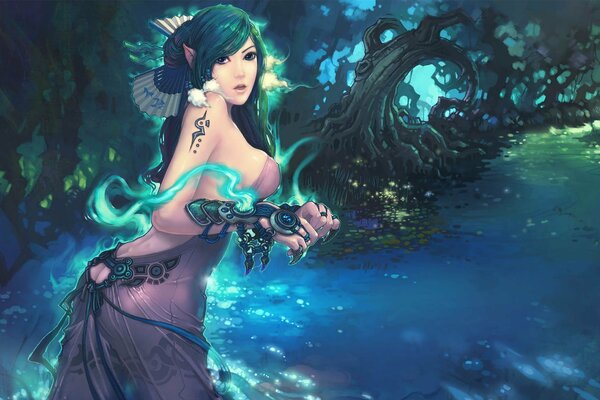 Elf girl in the forest near the river