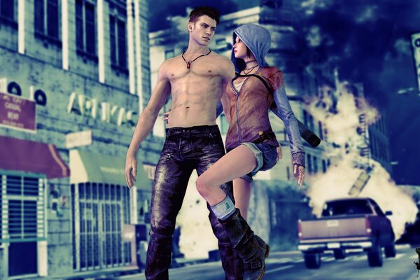 Игра devil may cry 5 dmc. город. данте в джинсах с девушкой в шортах с капюшоном на голове на фоне разрушенной машины