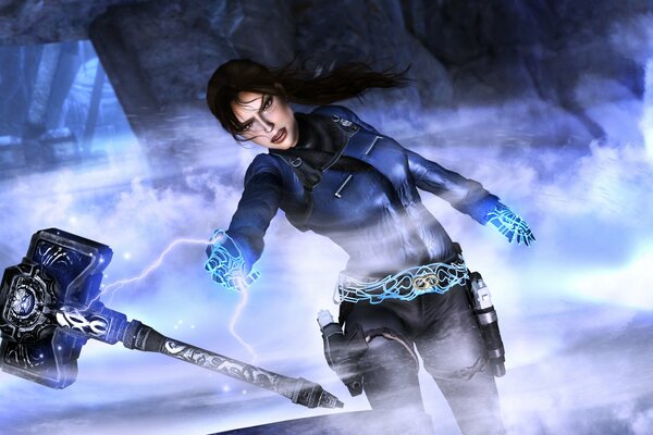 Lara Croft zieht mit einem Blitzhammer an