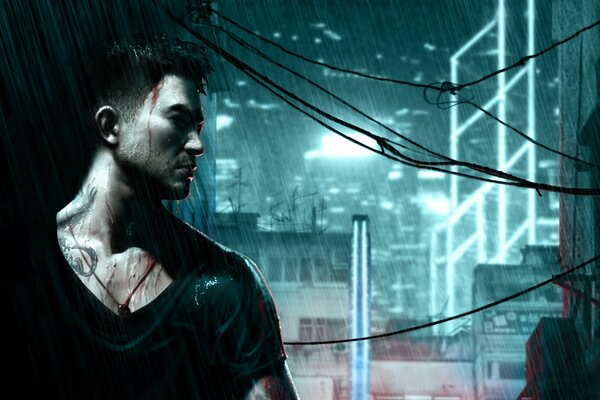 Art of the hero from sleeping dogs in a rainy city