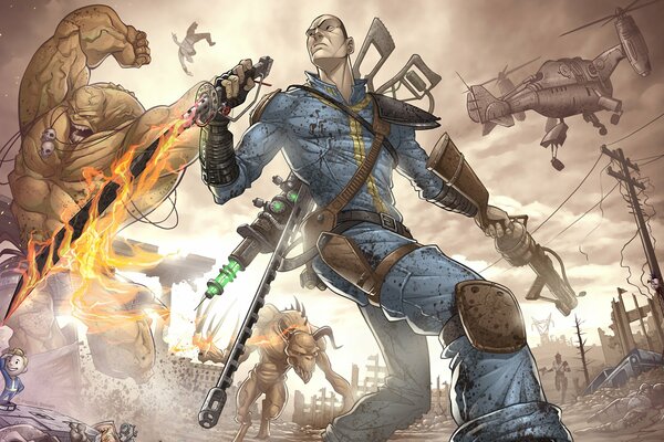 L uomo nel gioco post-apocalittico Fallout circondato da mostri, mutanti e altri hmyry
