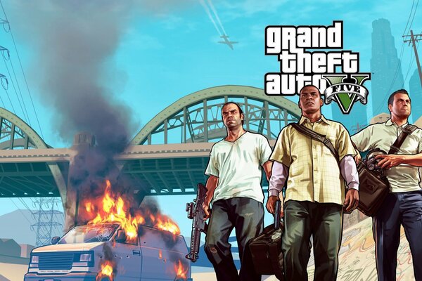 The main characters of GTA 5 with a burning car under the bridge