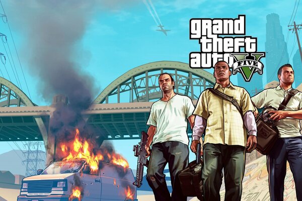 Los personajes principales de gta 5 con un coche en llamas bajo el puente