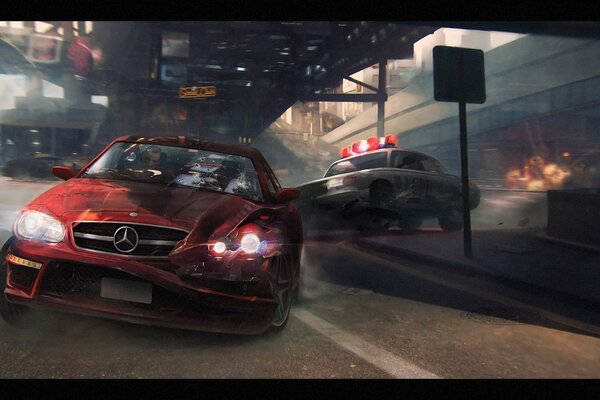 The police are rushing down the street after the Mercedes