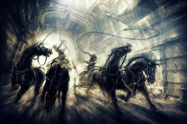 Two thrones with four black horses