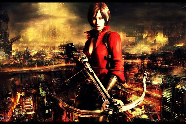 A girl with a rearguard on the background of a night metropolis