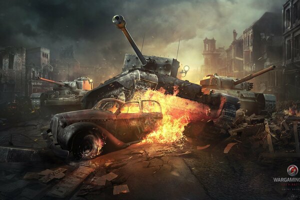 Tank a27m in der Stadt in Rauch und Flammen