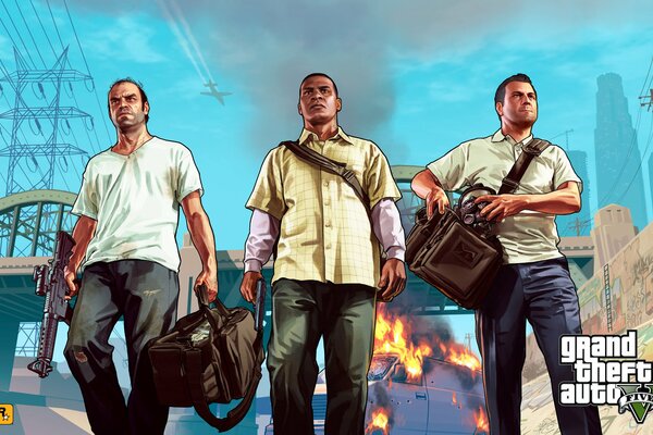 Armed Michael, Franklin and Trevor on the background of the blown up car