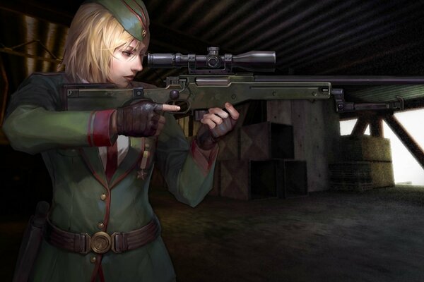 Una ragazza con una mitragliatrice guarda nel mirino sparando per la sconfitta