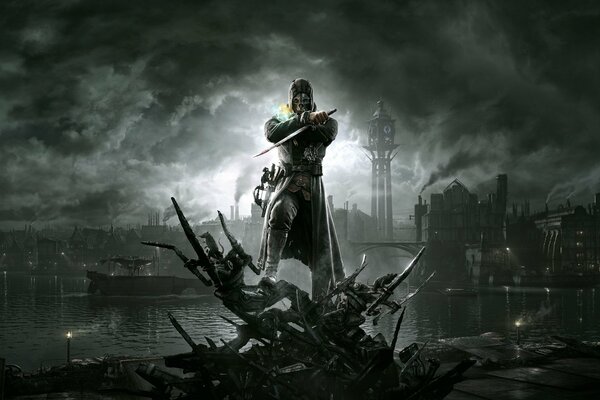 Assassino di assassin s creed sullo sfondo della torre di notte