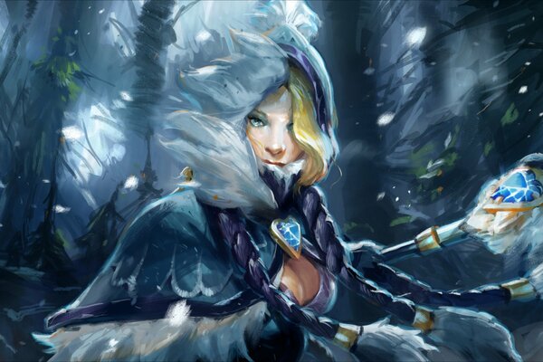 Arte Splash arte. dota 2. rylai crestfall. crystal maiden. chica completa campanilla de nieve con el personal de protección de los antiguos