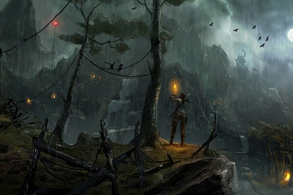 Lara croft blickt in einer regnerischen Nacht auf den berg