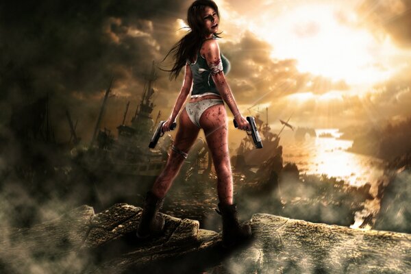 Lara Croft is a girl with a gun and a bandage on her arm