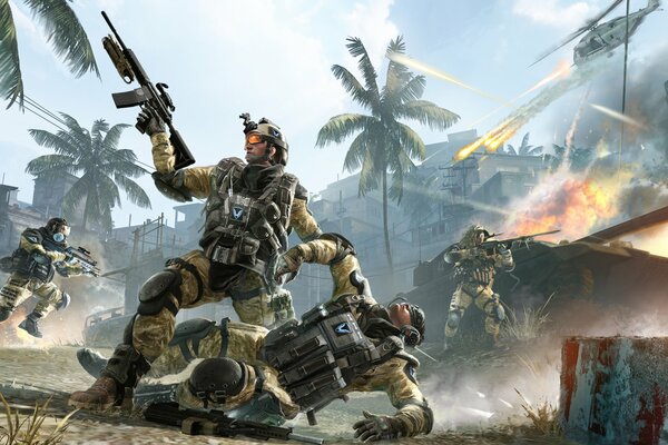 Eine Schießereiszene aus dem Spiel warface auf einer Karte mit Palmen