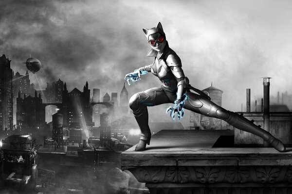 Catwoman en el techo de un edificio en blanco y negro