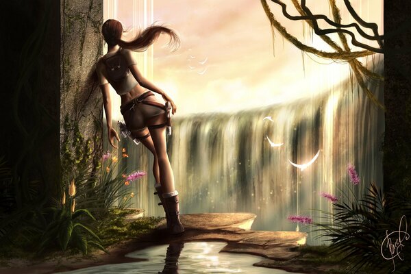 Lara Croft de tomb raider se encuentra cerca de una cascada