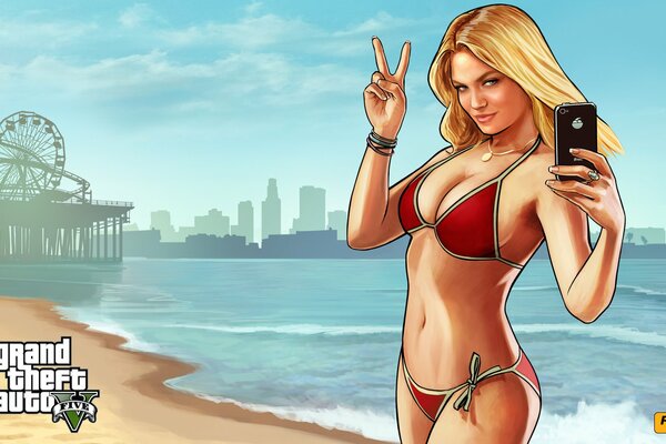 Dziewczyna blondynka na plaży w Los Angeles. Gra GTA