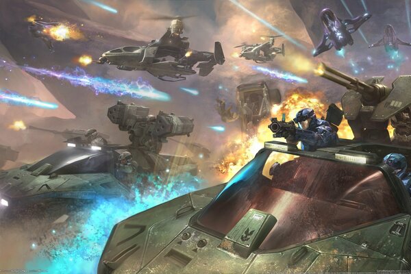 Batalla en el juego de ordenador aviones y helicópteros durante la batalla