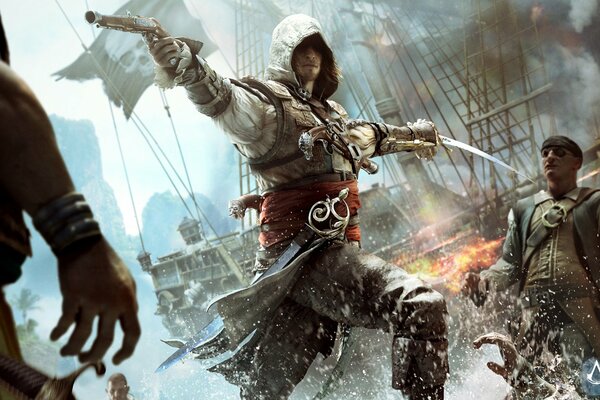 A character from a computer game with weapons on the background of ships