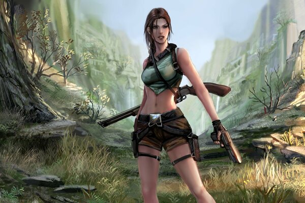 Kunst von Lara Croft mit Pistole und Schrotflinte auf dem Hintergrund von Felsen im Wald