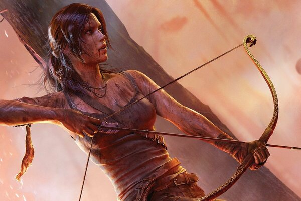 Lara Croft avec un arc chargé dans ses mains