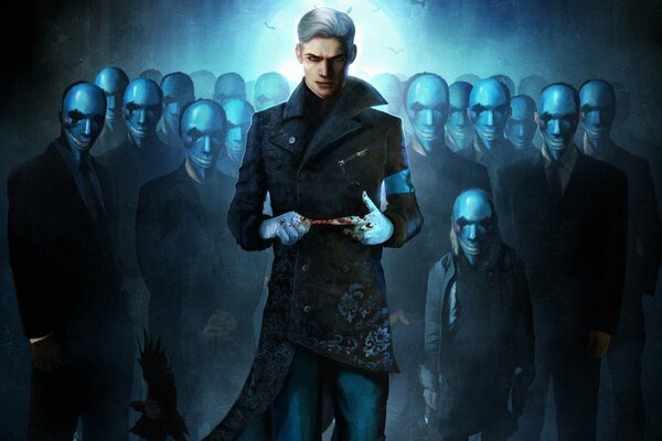 Devil may cry 5 geheimnisvolle Kunst. Virgil im Hintergrund von maskierten Männern