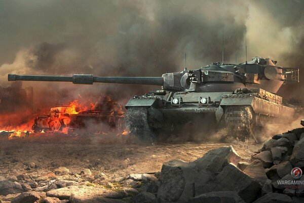 A big tank on the battlefield. Game World of Tanks