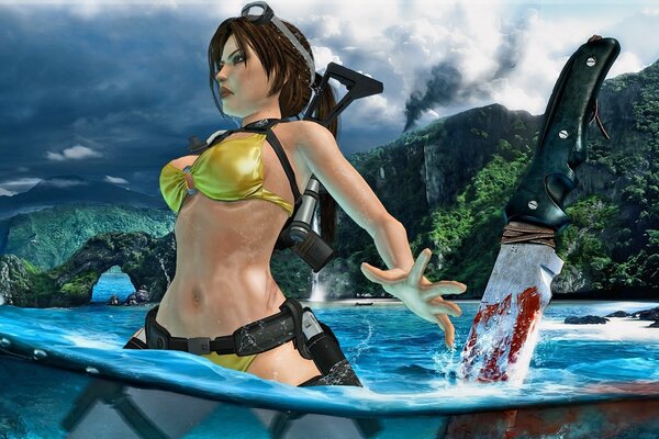 Scena di tomb raider in acqua sullo sfondo delle montagne