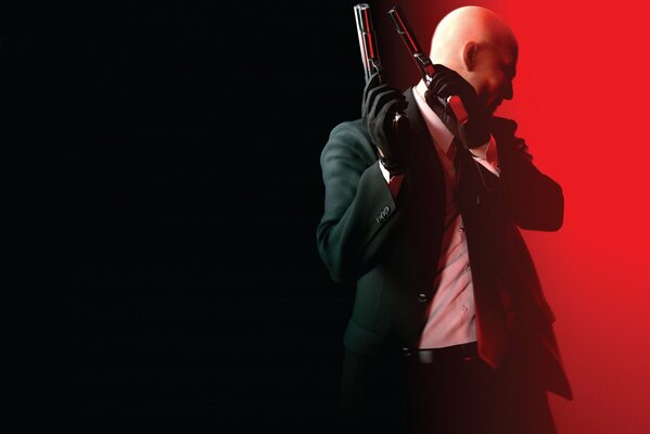 Hitman on a black and red background with weapons