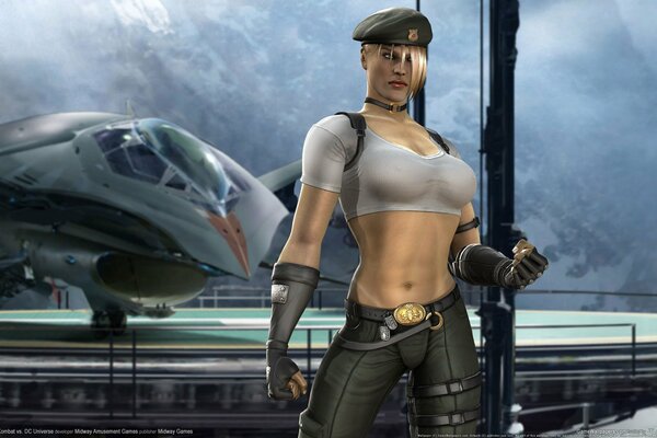 Sonia na tle samolotu w mundurze z gry mortal, kombat