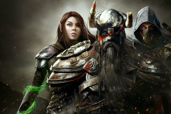 Mädchen elf mit Männern in Kapischon und Helm