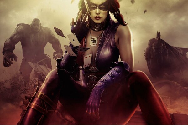 Harley Quinn in the foreground, Batman in the background