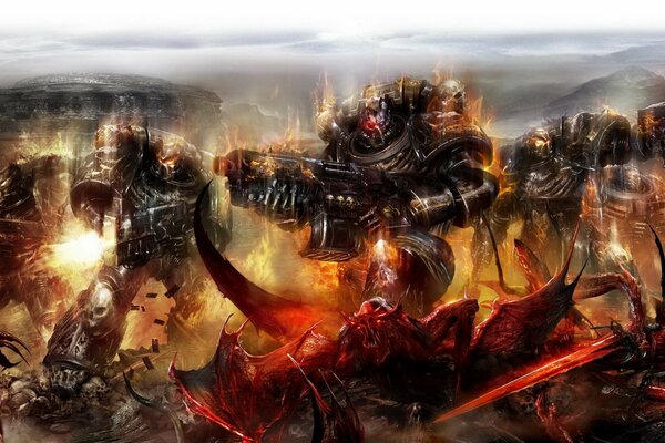 Batalla de tropas en armadura de poder con monstruos en Warhammer