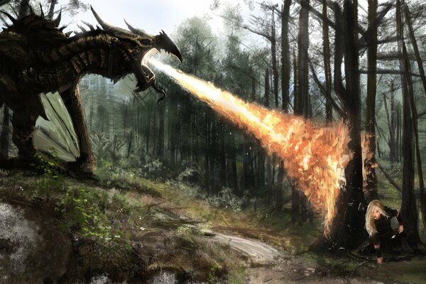 Dragon sombre sdigaetsya arbre derrière lequel se cache une belle blonde-guerrier